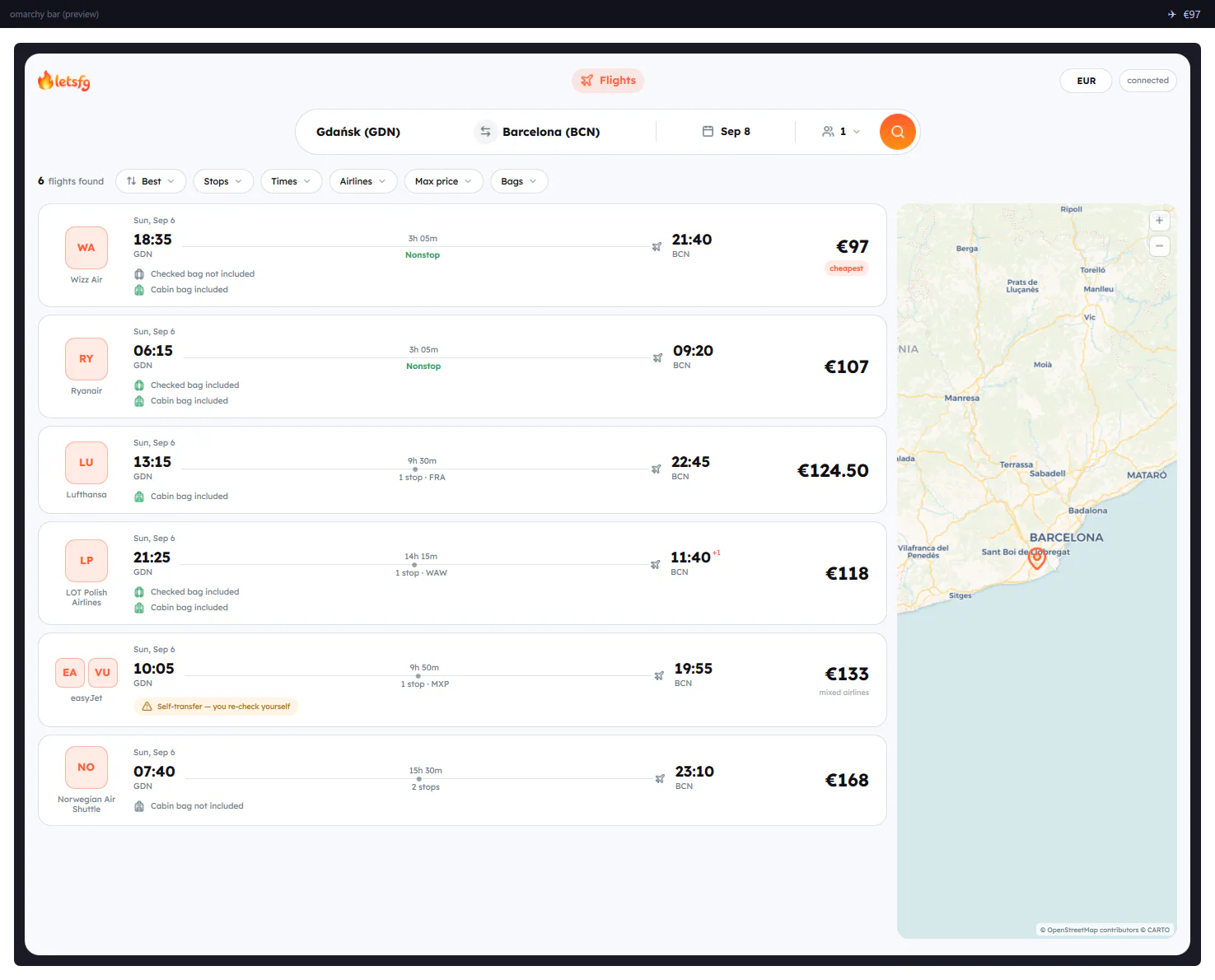 LetsFG Flights preview from the Omarchy plugin marketplace catalog