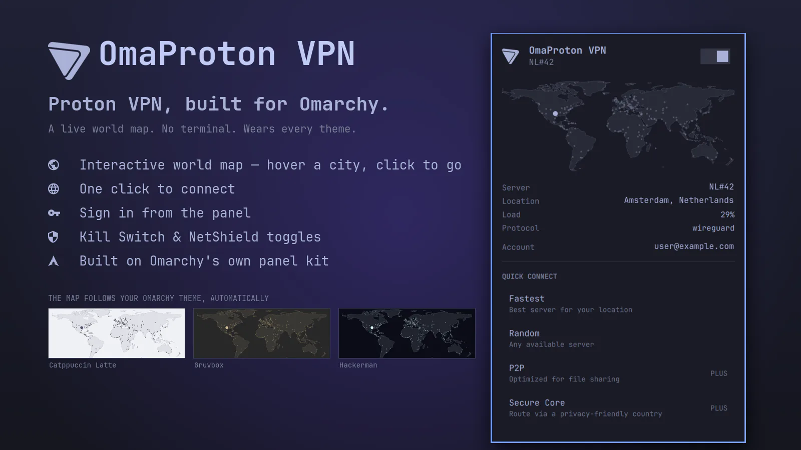 OmaProton VPN preview from the Omarchy plugin marketplace catalog