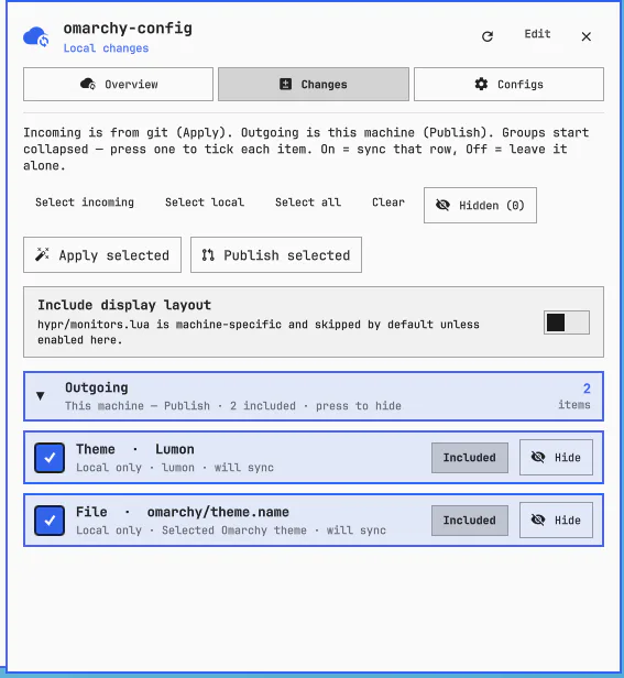 Omarchy Config Sync preview from the Omarchy plugin marketplace catalog