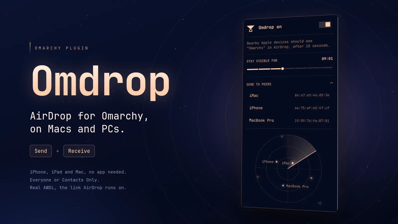 Omdrop - AirDrop for Omarchy preview from the Omarchy plugin marketplace catalog